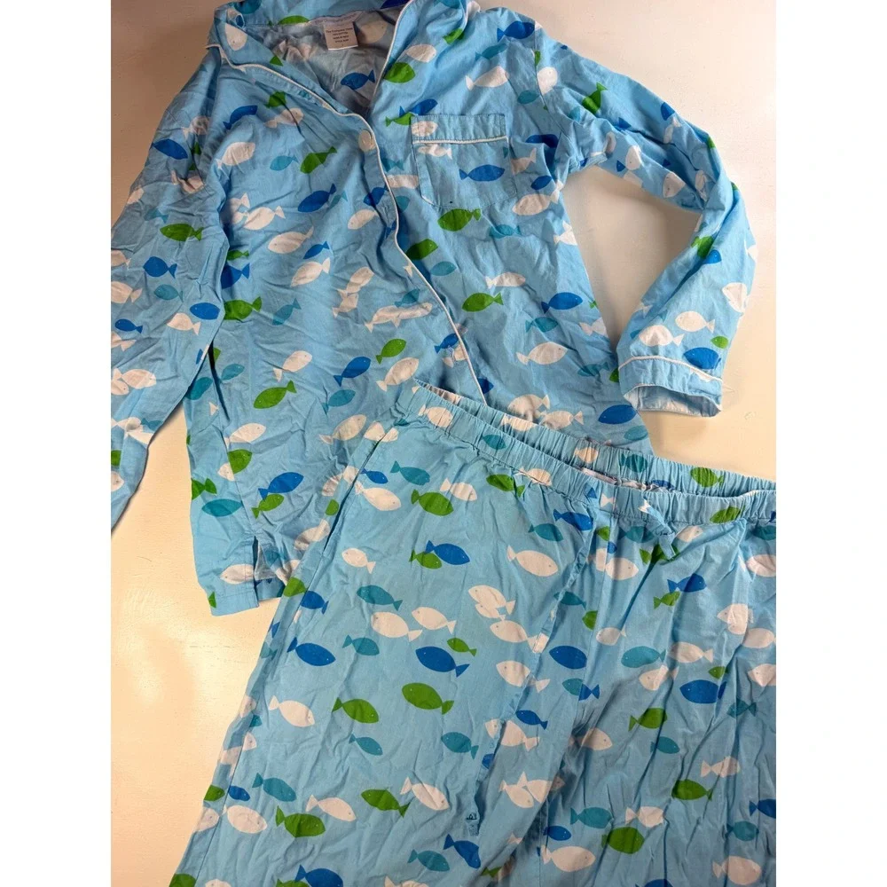 Y2K Pajama Set Womens L Blue Excellent Fish Print Cotton RJ94